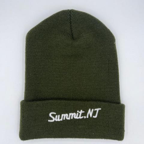 Olive green cuffed beanie that reads Summit, NJ