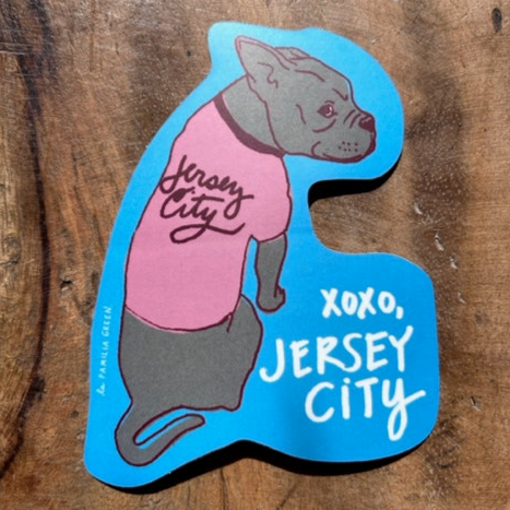 Dog shaped sticker that reads "xoxo, Jersey City"