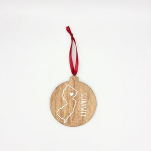 Round wooden Christmas ornament with a white outline of the state of NJ. A white heart is placed within the NJ outline where Summit is located. Red ribbon attached to hang ornament