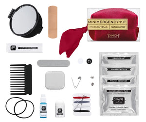 Deep red velvet pouch that reads "minimergency kit: 17 essentials for beauty, fashion & personal care" Pinch Provision