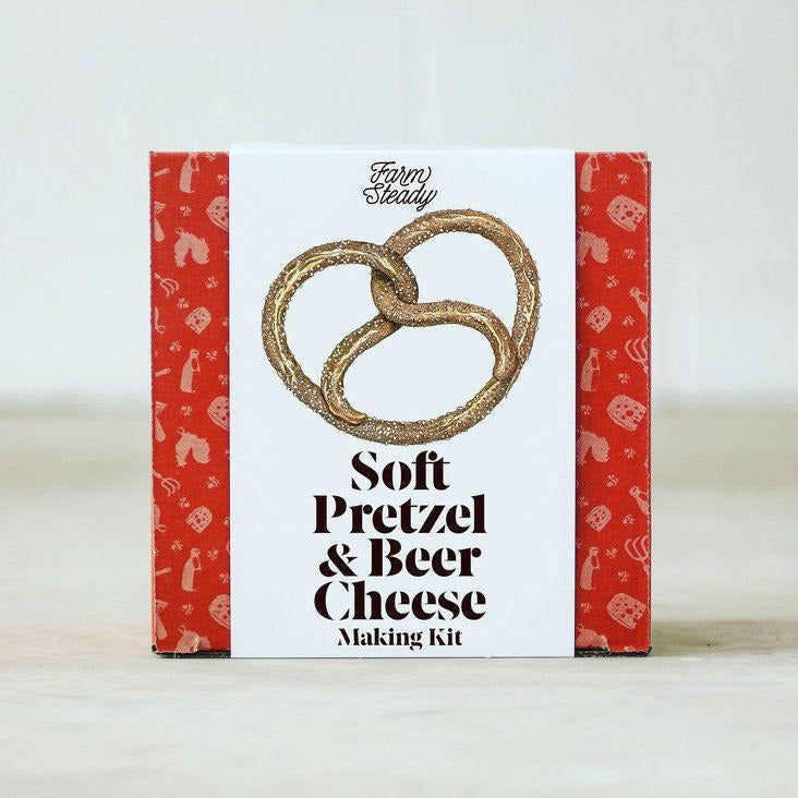 red and white box with illustration of hot pretzel