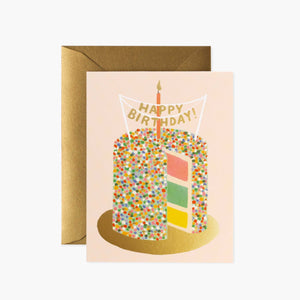 Rectangular card with a multi colored cake on it that says "Happy Birthday!"